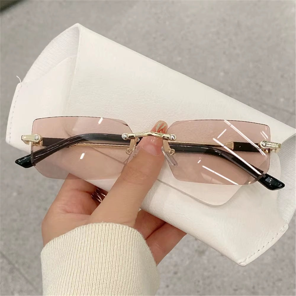 Trendy Rimless Sunglasses for Women Men Rectangle Fashion Shades Small Square UV400 Sun Glasses for Female Male Traveling Oculos