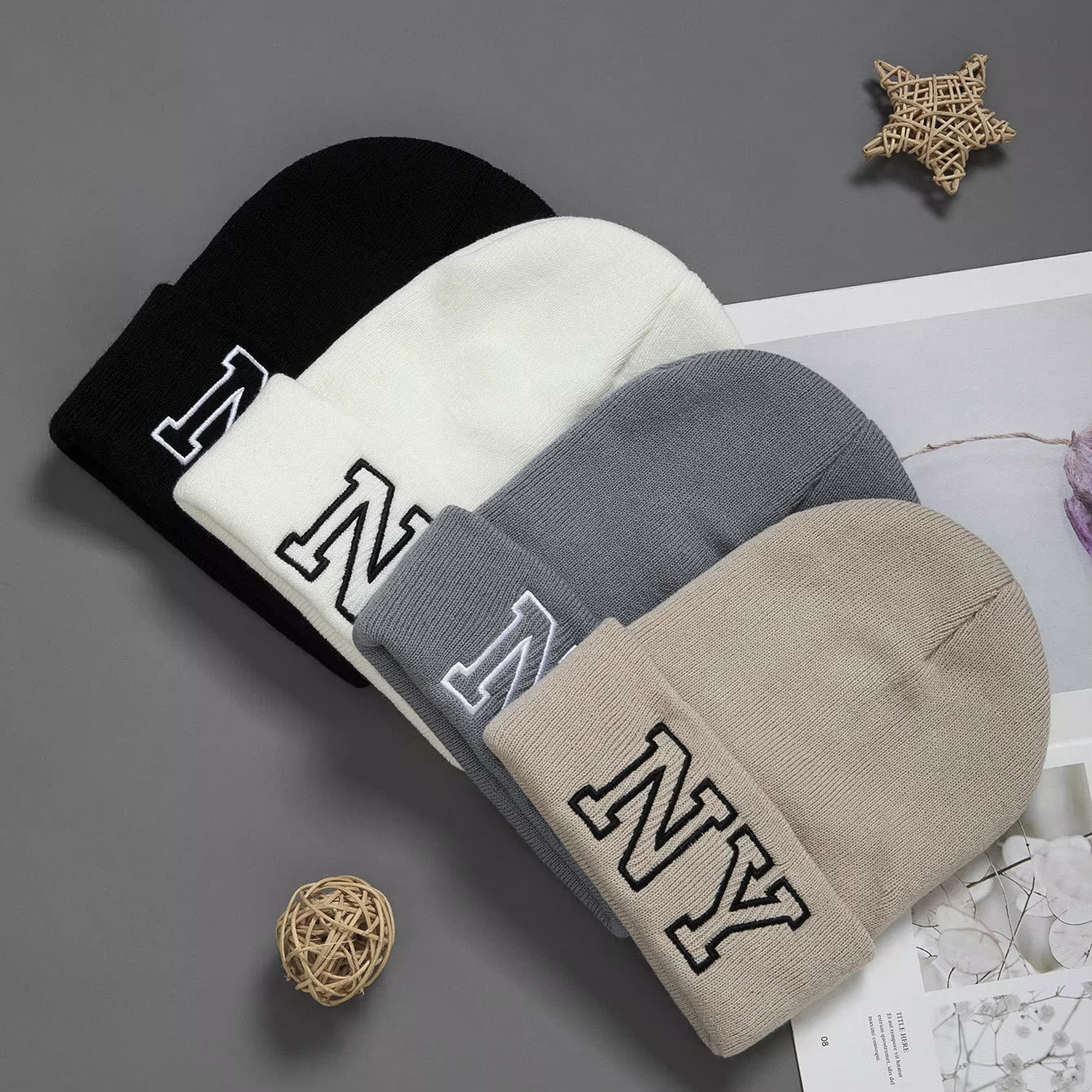 1Pc Unisex Embroidered Knitted Hat Letters NY Winter Warm Woolen Hat Fashion All-Matching Hat