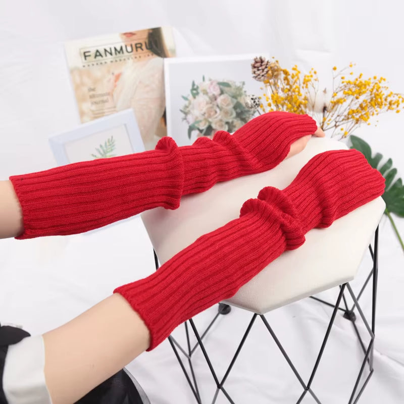 Women Long Fingerless Gloves Soft Female Glove Lolita Kawaii Mitten Winter Warmer Knitted Arm Sleeve Girls Punk Gothic Gloves