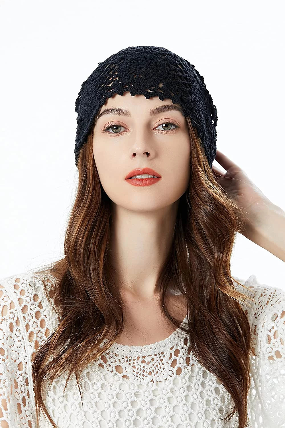 Women Cotton Crochet Slouchy Beanie Hat Handmade Knit Cutout Summer Floral Skull Cap