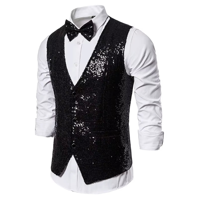 Shiny Gold Sequin Sparkling Waistcoat Men Slim Fit V Neck 2 Pieces Mens Vest with Bowtie Wedding Party Stage Prom Costume Gilet