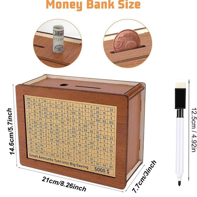 Handmade Natural Wooden Piggy Bank Decorative Disposable Saveing Money Box with Money Goals Counter Piggy Bank for Kids Adults