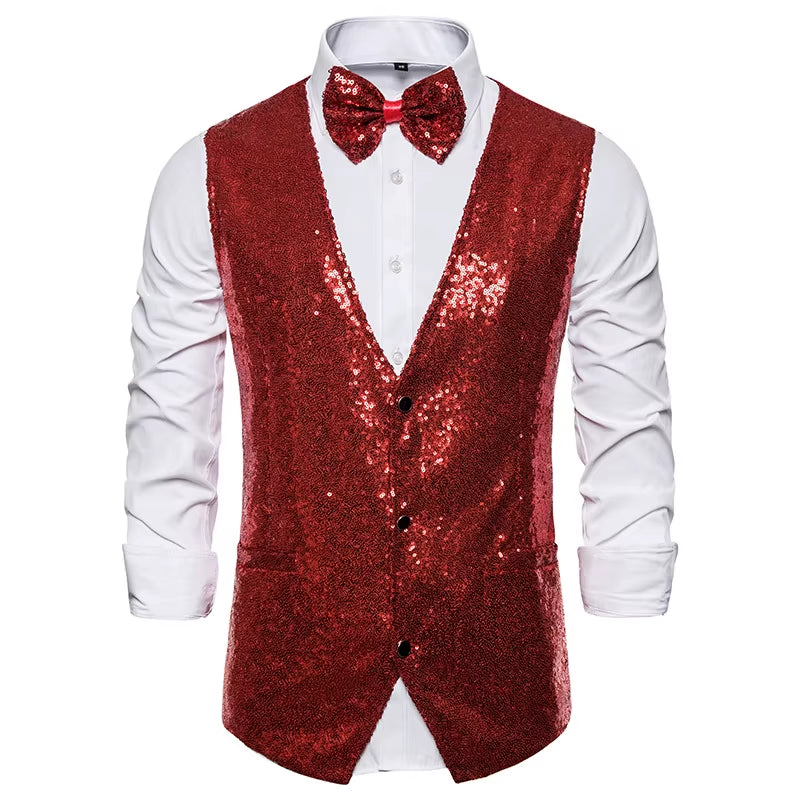 Shiny Gold Sequin Sparkling Waistcoat Men Slim Fit V Neck 2 Pieces Mens Vest with Bowtie Wedding Party Stage Prom Costume Gilet