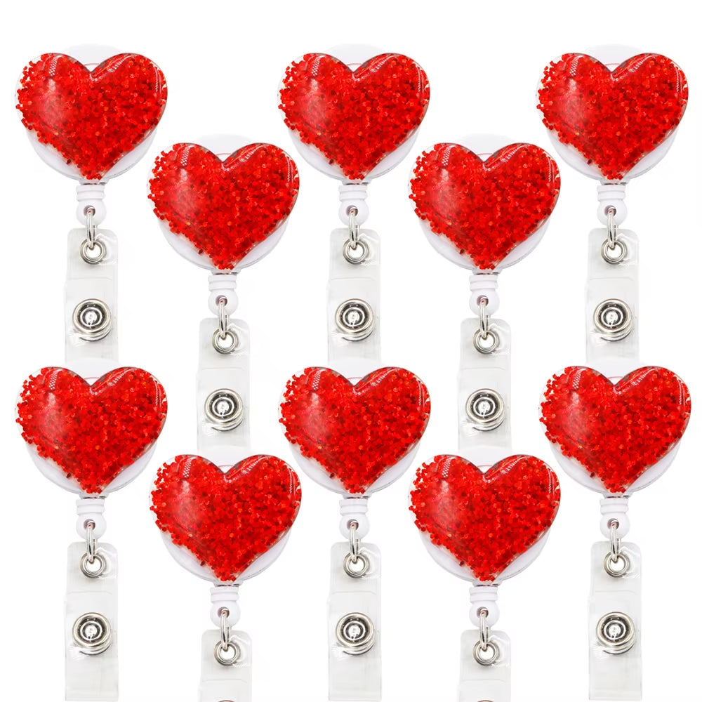 10 Pcs Bling Love Heart Retractable Badge Holder Badge Clips for Nurse ID Badge Reel with Alligator Clip