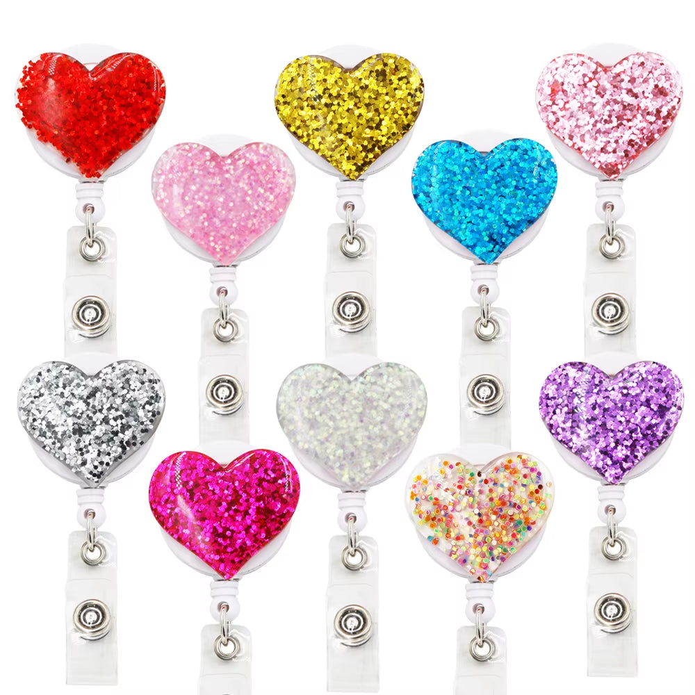 10 Pcs Bling Love Heart Retractable Badge Holder Badge Clips for Nurse ID Badge Reel with Alligator Clip