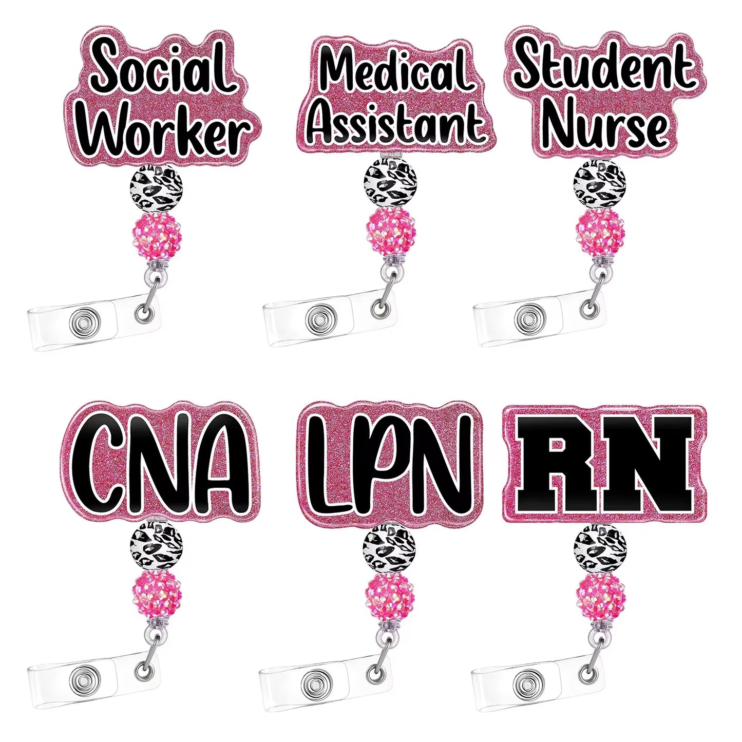 New Arrival 1 Piece Glitter Acrylic Retractable Nurse Badge Reel Fashion Beads RN Social Worker ID Card Holder Keys Lanyard