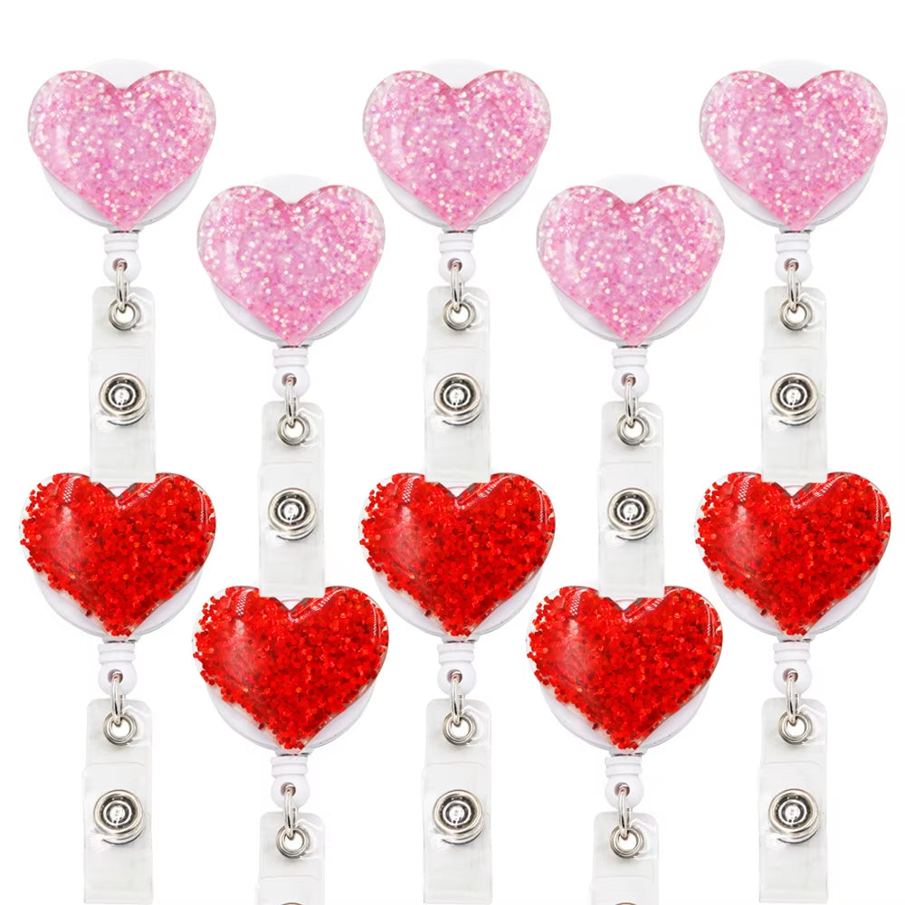 10 Pcs Bling Love Heart Retractable Badge Holder Badge Clips for Nurse ID Badge Reel with Alligator Clip