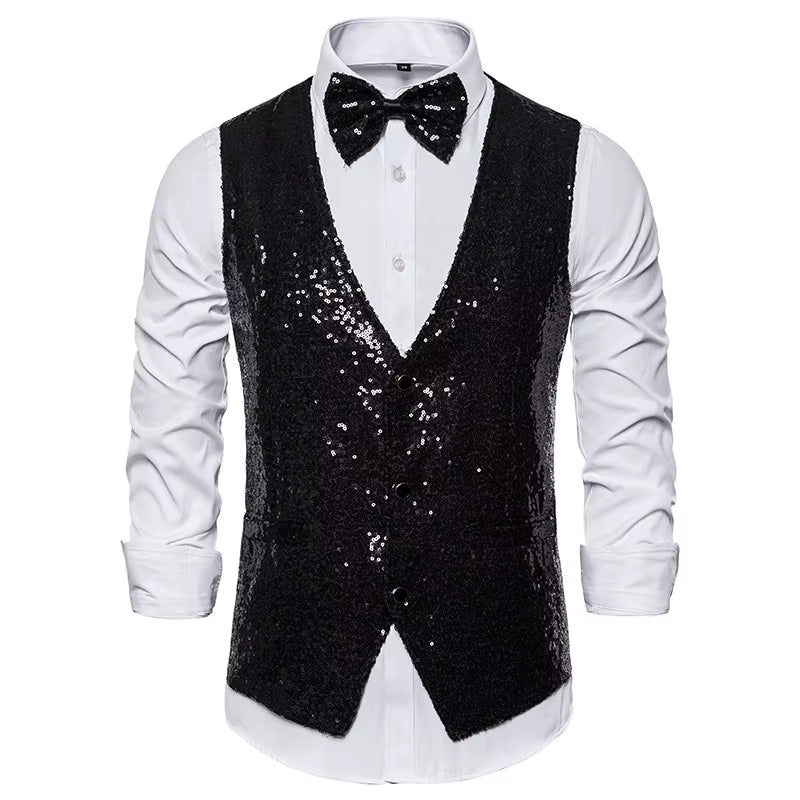 Shiny Gold Sequin Sparkling Waistcoat Men Slim Fit V Neck 2 Pieces Mens Vest with Bowtie Wedding Party Stage Prom Costume Gilet