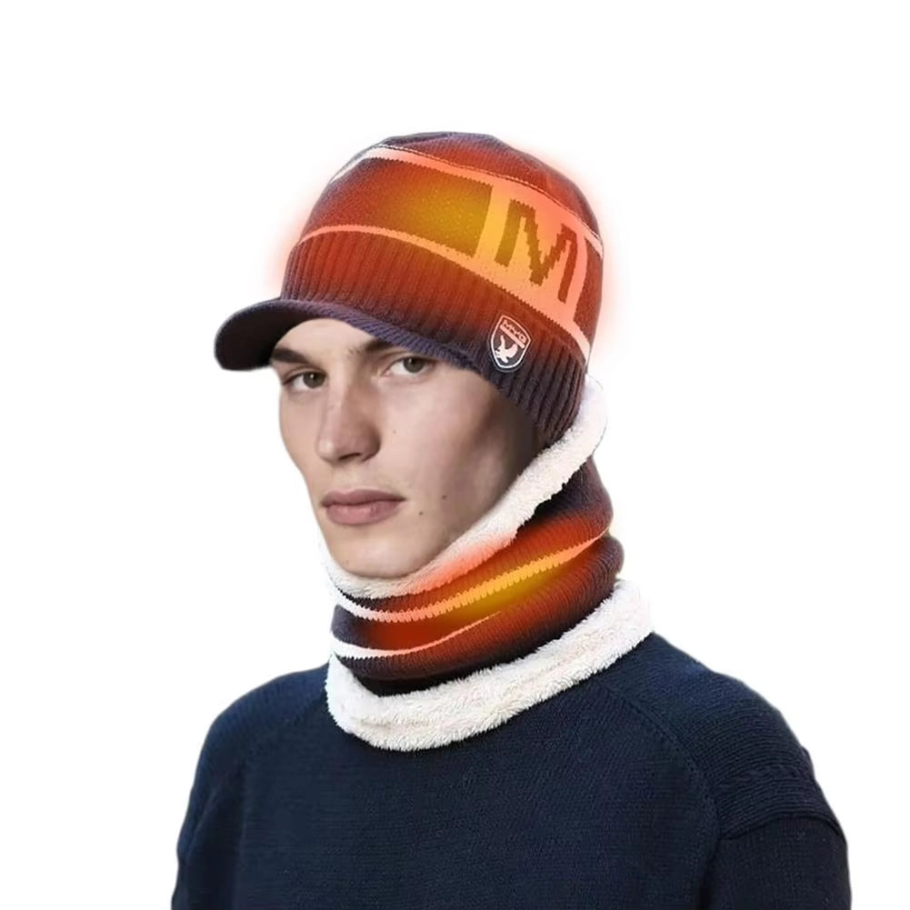 Electric Heated Hat Scarf Set USB Warm Hat Neck Warmer Cap Rechargeable Heated Knitting Beanie for Outdoor Mountaineering