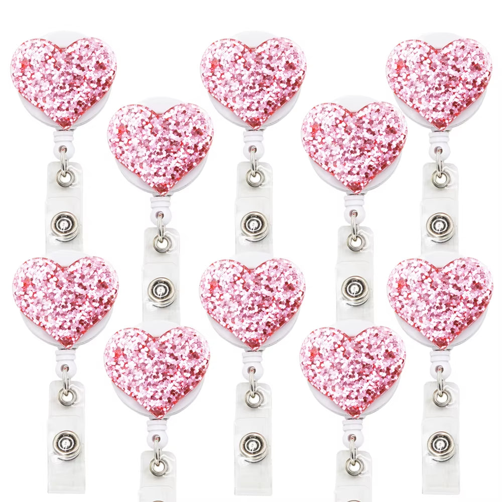 10 Pcs Bling Love Heart Retractable Badge Holder Badge Clips for Nurse ID Badge Reel with Alligator Clip