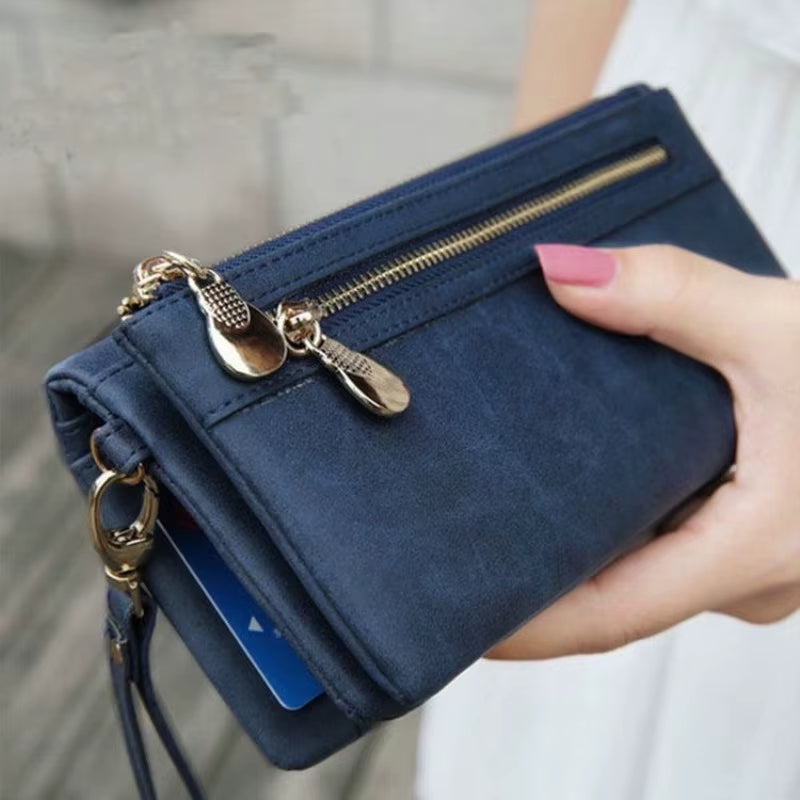 Large Capacity Women'S Dull Polish Leather Wallet Double Zipper Clutch Wristlet Purse Phone Coin Card Holder Multi-Pocket Wallet