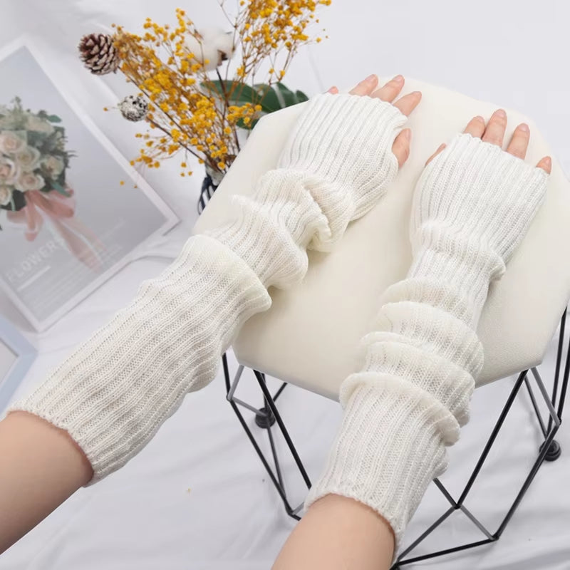 Women Long Fingerless Gloves Soft Female Glove Lolita Kawaii Mitten Winter Warmer Knitted Arm Sleeve Girls Punk Gothic Gloves