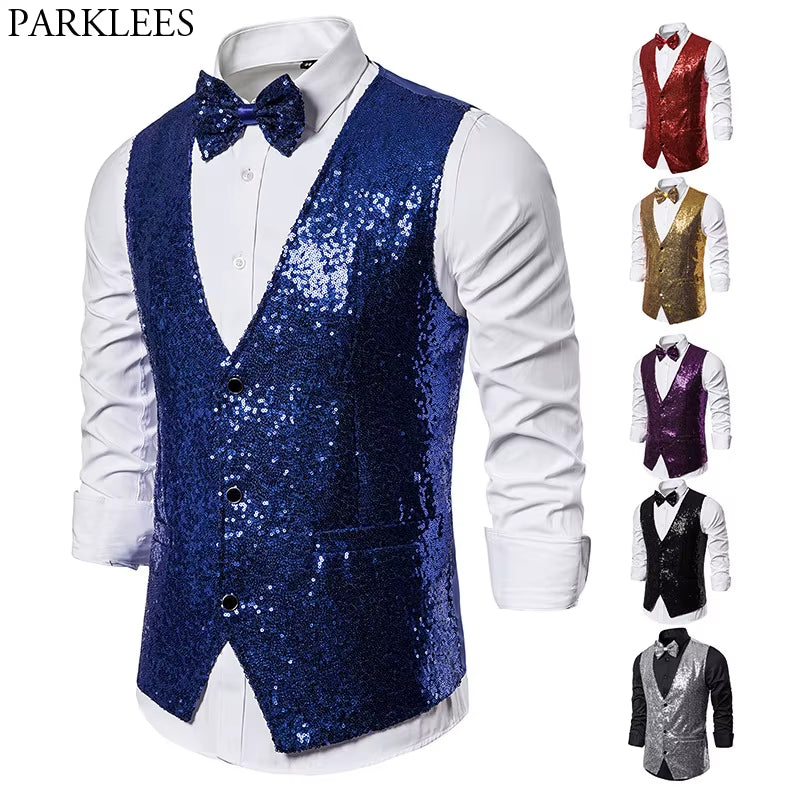 Shiny Royal Blue Sequin Dress Vests Men Slim Fit V Neck Glitter Tuxedo Waistcoat Mens Wedding Party Stage Prom Vest with Bowtie