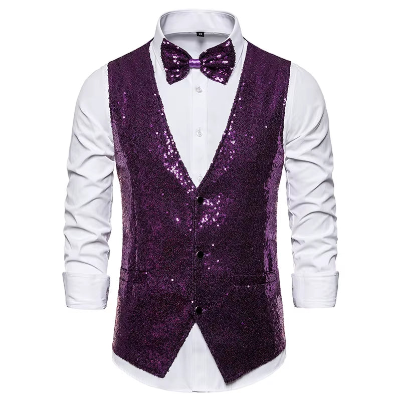 Shiny Gold Sequin Sparkling Waistcoat Men Slim Fit V Neck 2 Pieces Mens Vest with Bowtie Wedding Party Stage Prom Costume Gilet