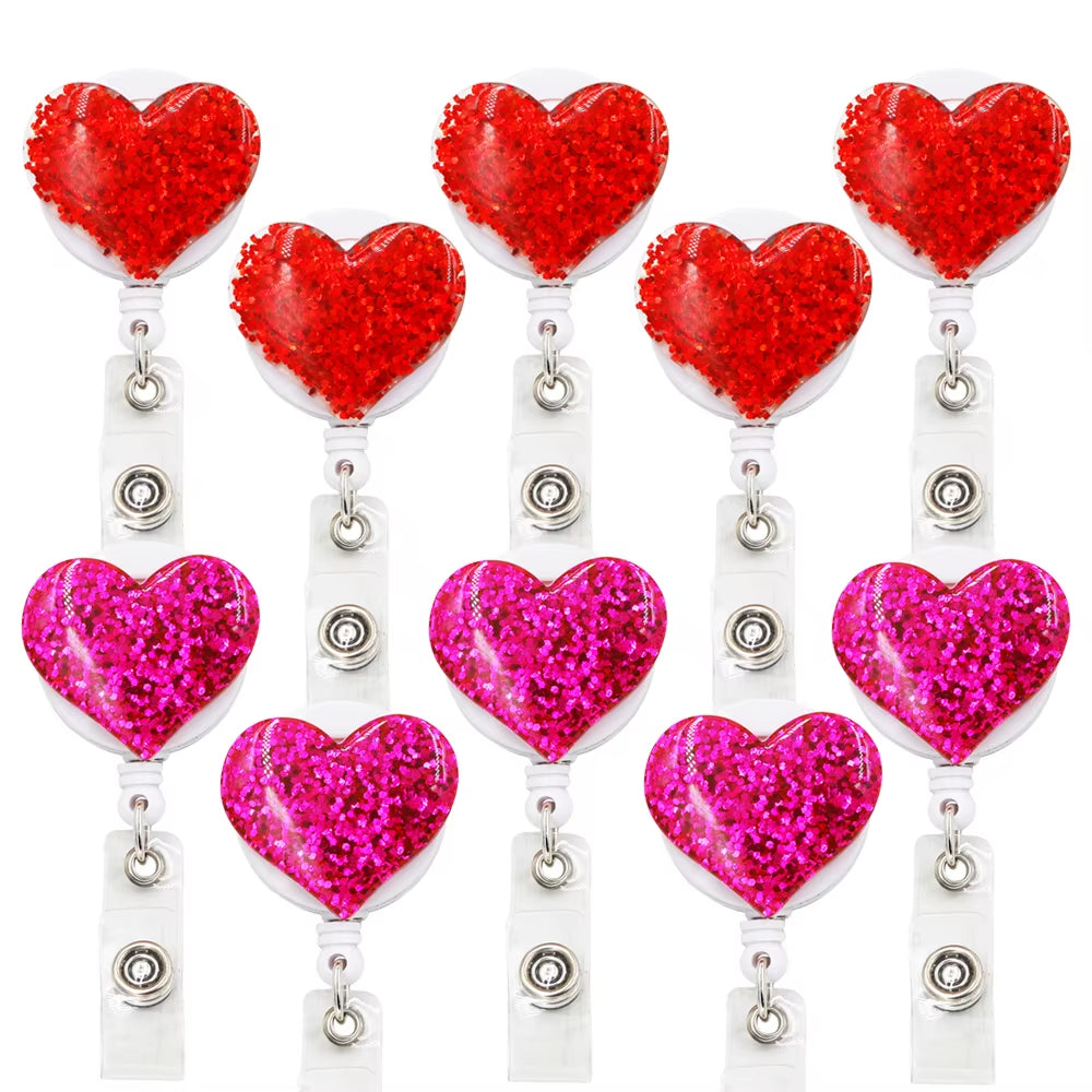 10 Pcs Bling Love Heart Retractable Badge Holder Badge Clips for Nurse ID Badge Reel with Alligator Clip