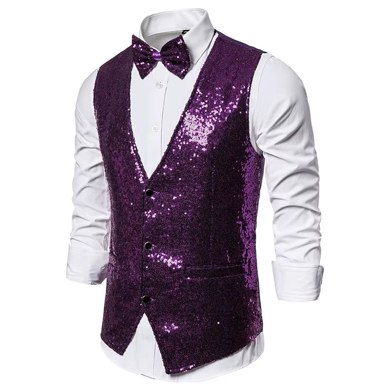 Shiny Royal Blue Sequin Dress Vests Men Slim Fit V Neck Glitter Tuxedo Waistcoat Mens Wedding Party Stage Prom Vest with Bowtie