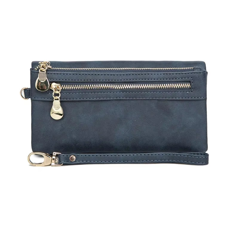 Large Capacity Women'S Dull Polish Leather Wallet Double Zipper Clutch Wristlet Purse Phone Coin Card Holder Multi-Pocket Wallet