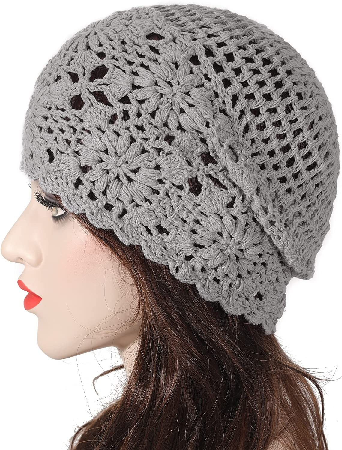 Women Cotton Crochet Slouchy Beanie Hat Handmade Knit Cutout Summer Floral Skull Cap