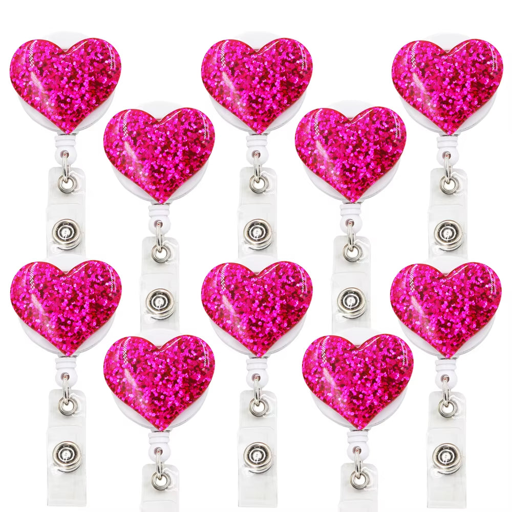 10 Pcs Bling Love Heart Retractable Badge Holder Badge Clips for Nurse ID Badge Reel with Alligator Clip