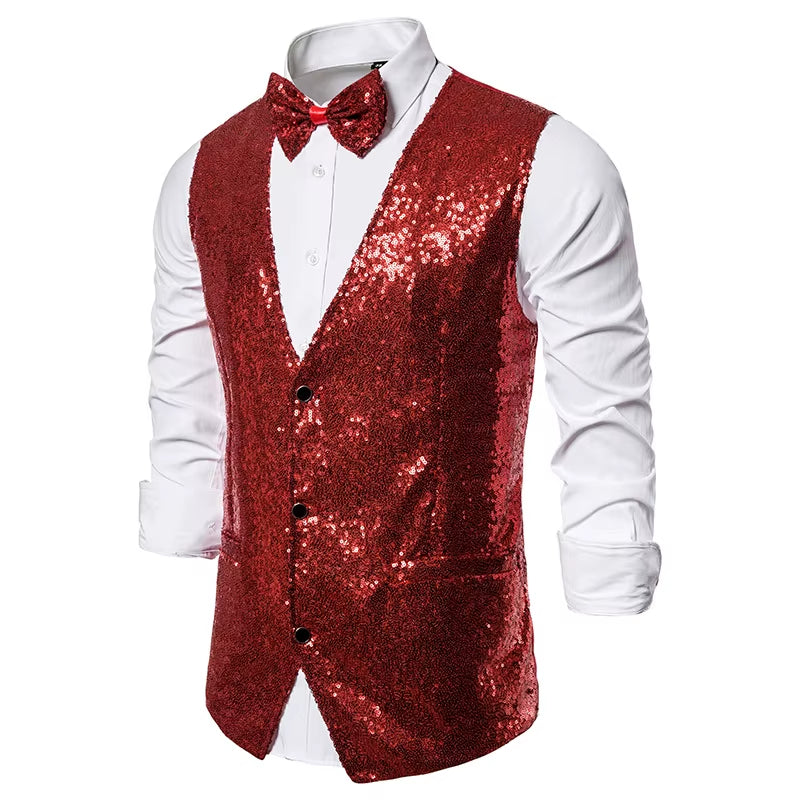 Shiny Gold Sequin Sparkling Waistcoat Men Slim Fit V Neck 2 Pieces Mens Vest with Bowtie Wedding Party Stage Prom Costume Gilet