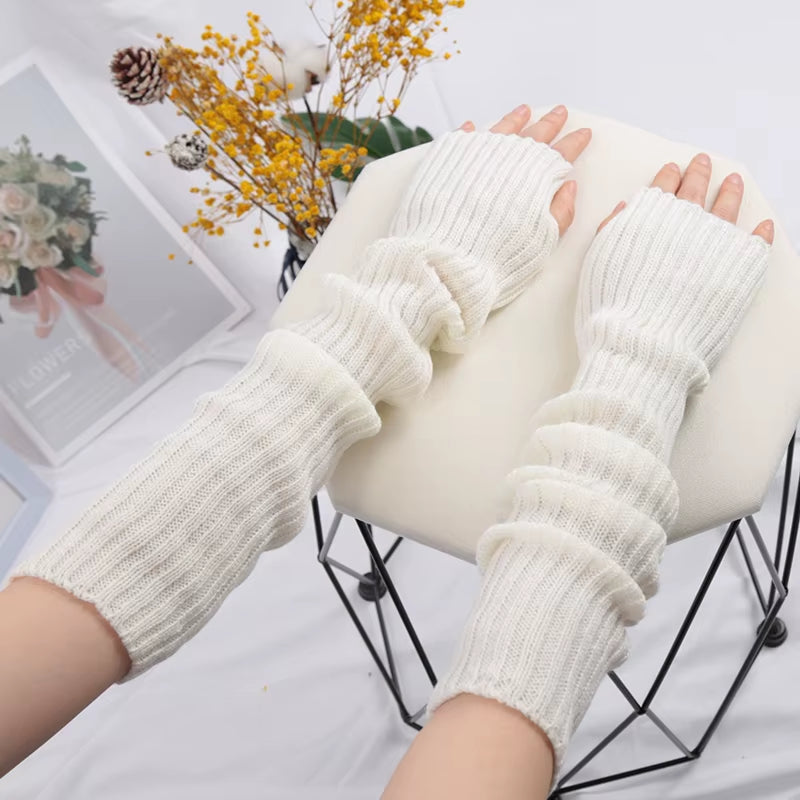 Women Long Fingerless Gloves Soft Female Glove Lolita Kawaii Mitten Winter Warmer Knitted Arm Sleeve Girls Punk Gothic Gloves