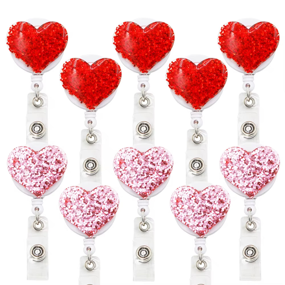 10 Pcs Bling Love Heart Retractable Badge Holder Badge Clips for Nurse ID Badge Reel with Alligator Clip