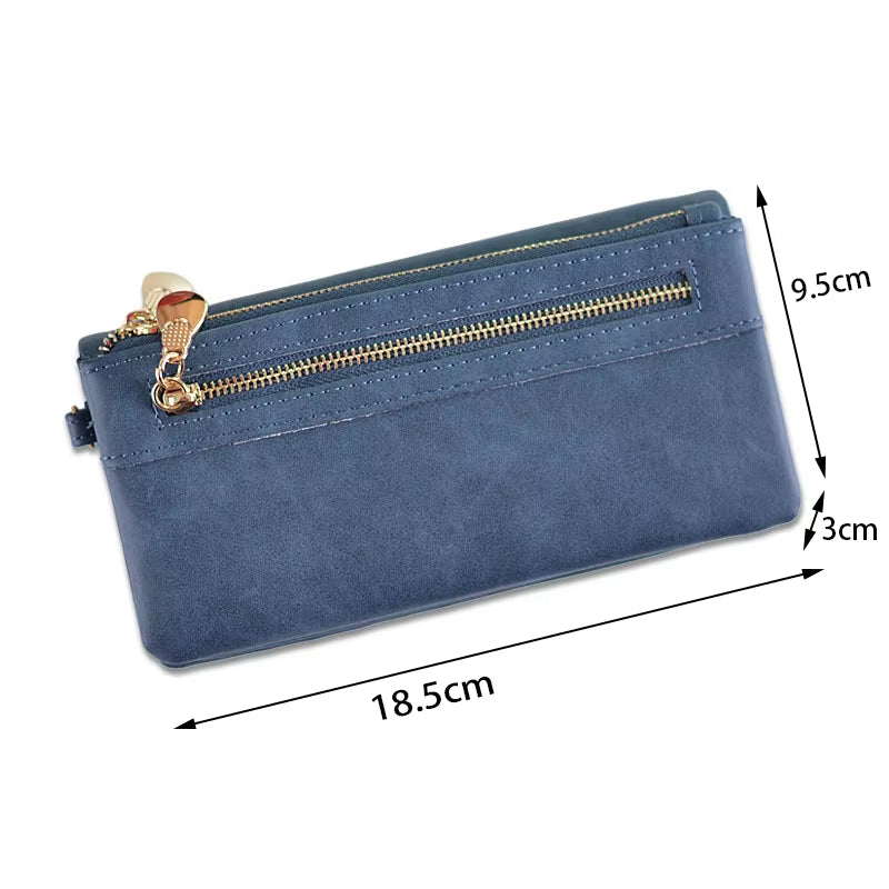 Large Capacity Women'S Dull Polish Leather Wallet Double Zipper Clutch Wristlet Purse Phone Coin Card Holder Multi-Pocket Wallet