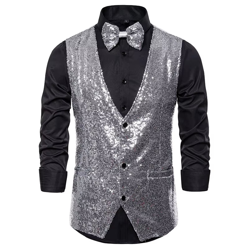 Shiny Gold Sequin Sparkling Waistcoat Men Slim Fit V Neck 2 Pieces Mens Vest with Bowtie Wedding Party Stage Prom Costume Gilet