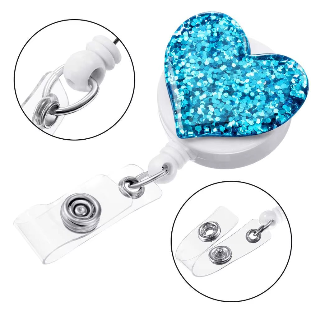 10 Pcs Bling Love Heart Retractable Badge Holder Badge Clips for Nurse ID Badge Reel with Alligator Clip