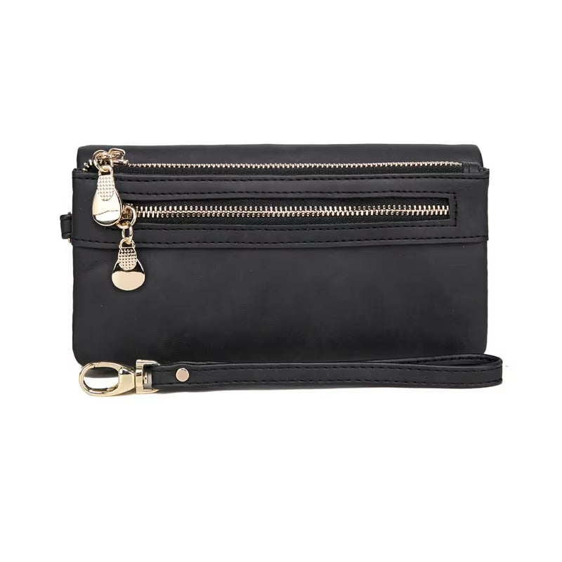 Large Capacity Women'S Dull Polish Leather Wallet Double Zipper Clutch Wristlet Purse Phone Coin Card Holder Multi-Pocket Wallet