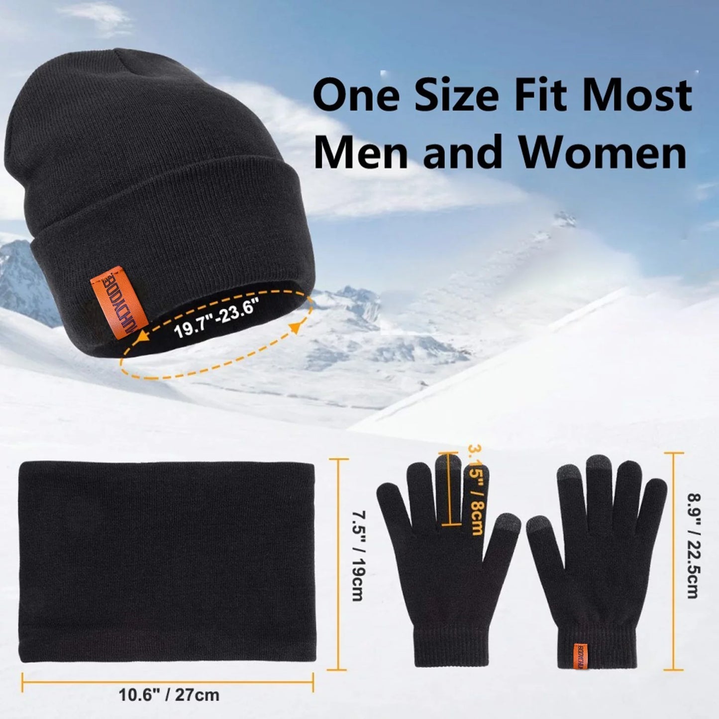 3 Pcs Knit Beanie Hat Scarf and Glove Set for Men and Women, Winter Touchscreen Gloves Fleece Lined Neck Warmer Skull Cap for Skiing, Black, Christmas Day Gifts