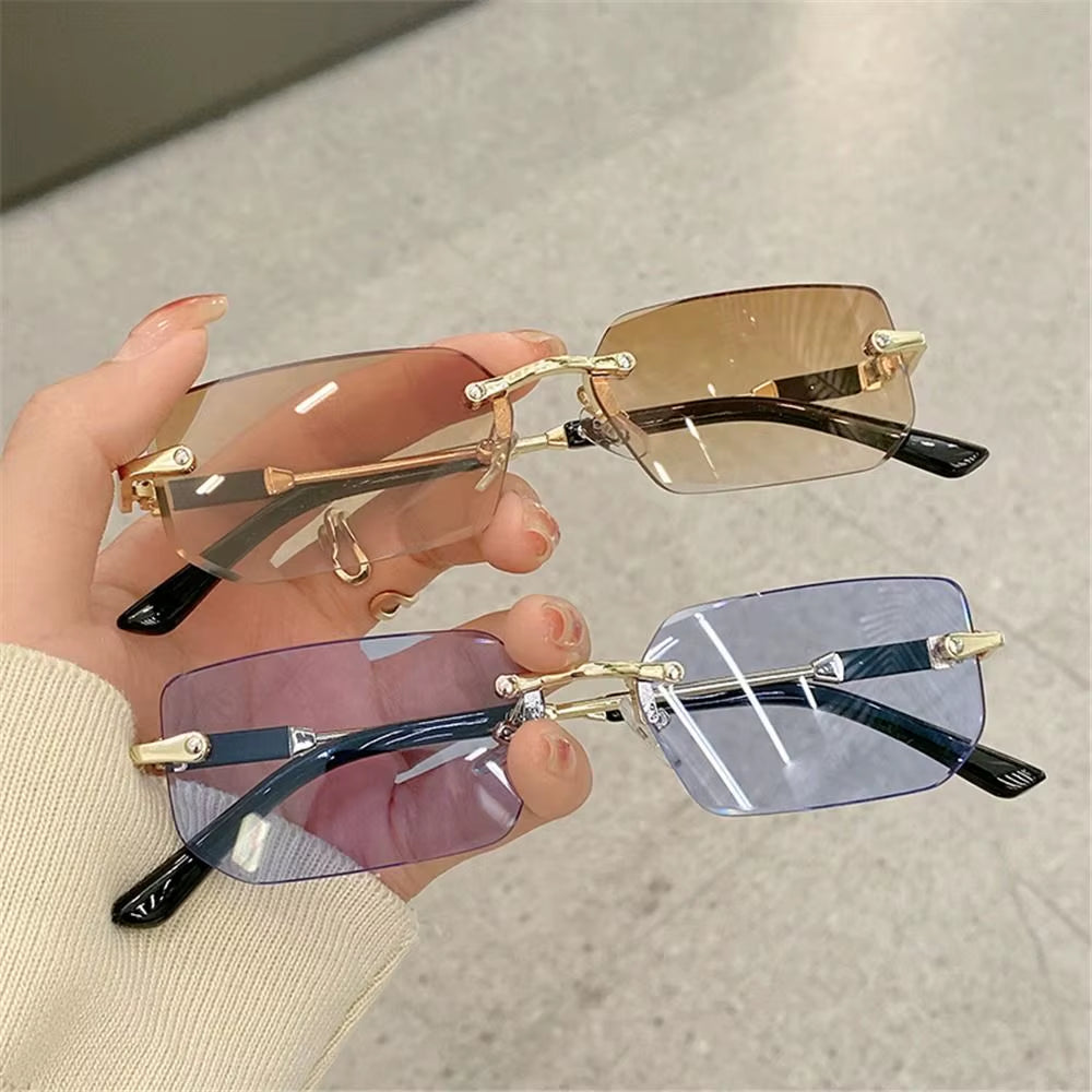 Trendy Rimless Sunglasses for Women Men Rectangle Fashion Shades Small Square UV400 Sun Glasses for Female Male Traveling Oculos