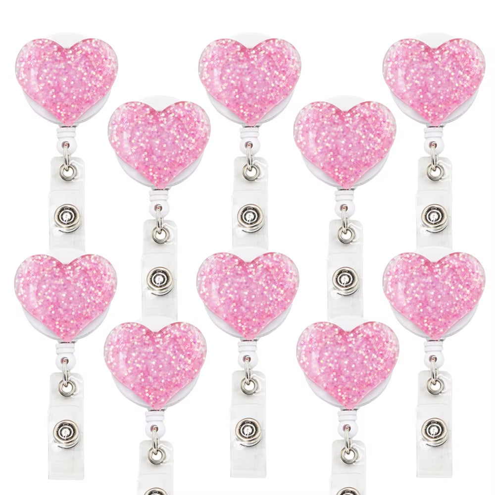 10 Pcs Bling Love Heart Retractable Badge Holder Badge Clips for Nurse ID Badge Reel with Alligator Clip